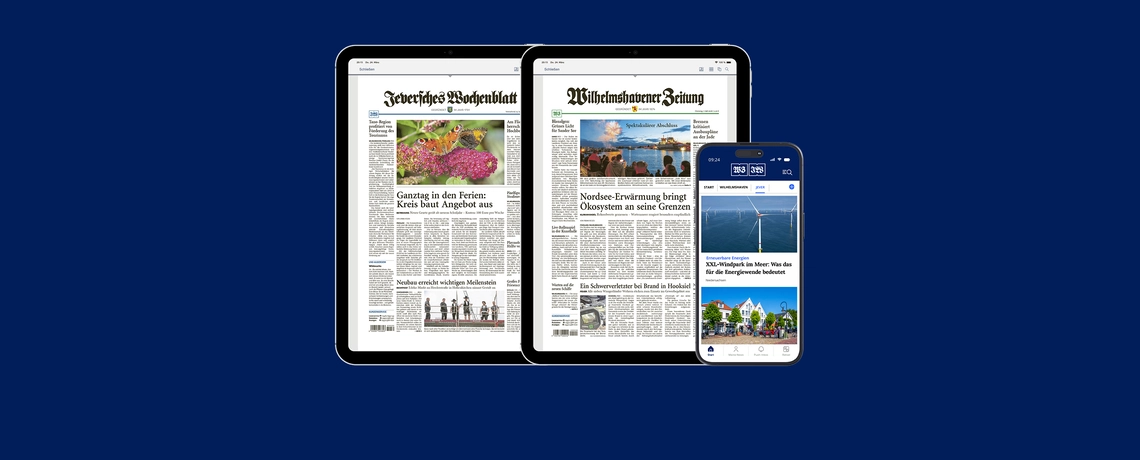 E-Paper Jeversches Wochenblatt / Wilhelmshaver Zeitung und JW/WZ News App auf blauem Hintergrund
