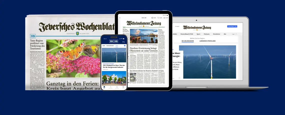 Eih Laptop mit wilhelmshavener-zeitung.de, ein Smartphone mit der News-App, ein Tablet mit der E-Paper-App und eine gedruckte Zeitung